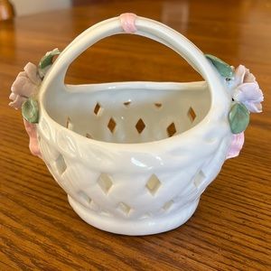 Woven basket, ceramic, pink flowers on basket, 4.50”W, 4”T